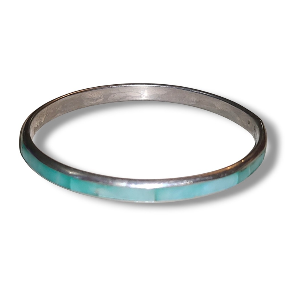 Vintage Silver Tone Aqua Blue Mother Of Pearl Inlay Bangle Bracelet